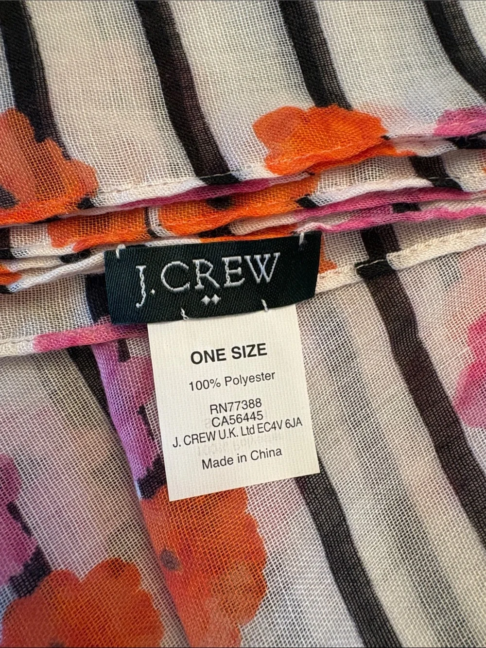 J. Crew Black & White Striped Scarf with Pink and Orange Floral Print
